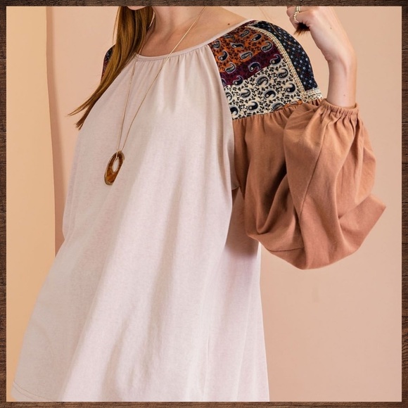 EASEL Tribal Aztec Print Silky Balloon Bubble Sleeve Top Jersey - T-Shirt Bodice - Picture 11 of 12